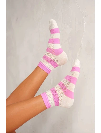 Dámské azurové ponožky s proužky – růžová/ecru Dámské azurové ponožky s proužky – růžová/ecru