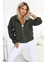 691-4 Rozpinana bluza damska z kapturem i ozdobnym zamkiem - khaki