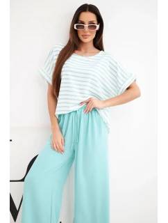 Dámský viskózový komplet s pruhovanou blůzou a širokými kalhotami s gumou mátový