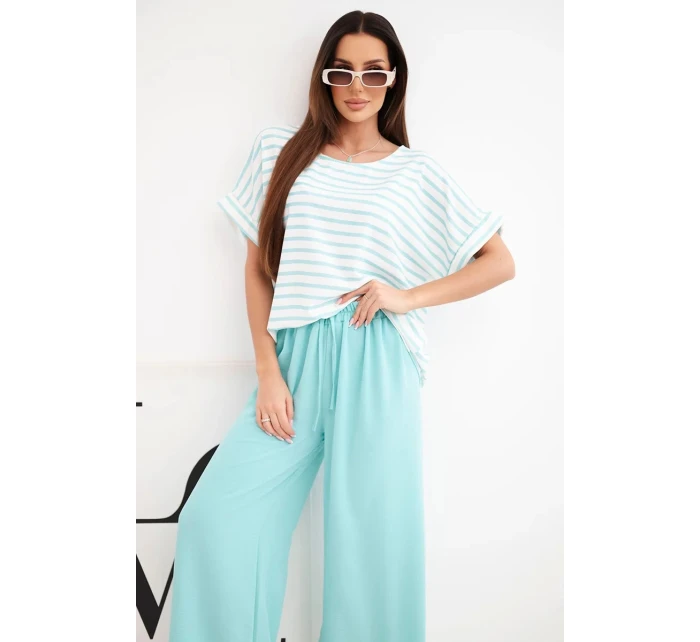 Dámský viskózový komplet s pruhovanou blůzou a širokými kalhotami s gumou mátový
