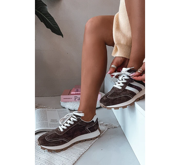 Kožené semišové tenisky dámské na platformě S.Barski LR61-7097 Čokoládové