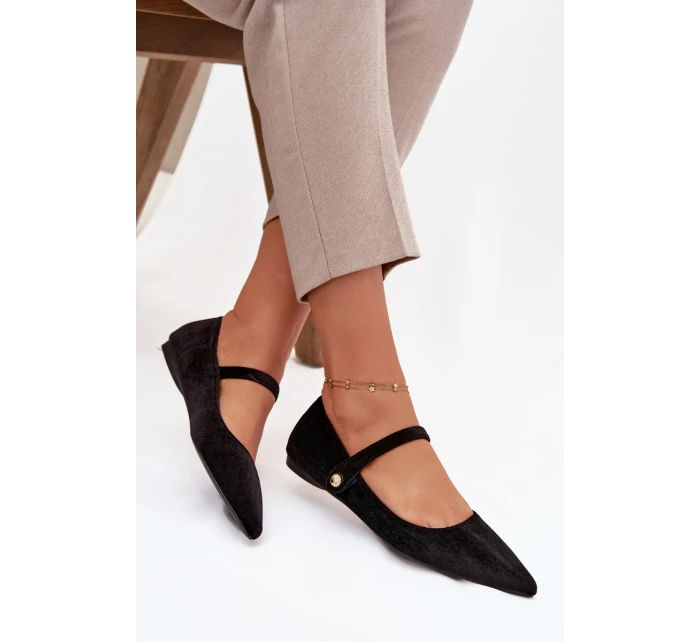Dámské sametové baleríny s páskem a zlatým detailem model 21834646 – černé - Kesi