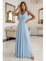 637-6 Wieczorowa długa sukienka z brokatowym akcentem i głębokim dekoltem - błękitna 637-6 Wieczorowa długa sukienka z brokatowym akcentem i głębokim dekoltem - błękitna