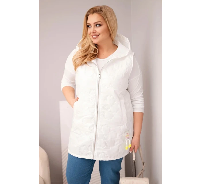 Dámská vesta Plus Size s kapucí a květinovým prošíváním bílá