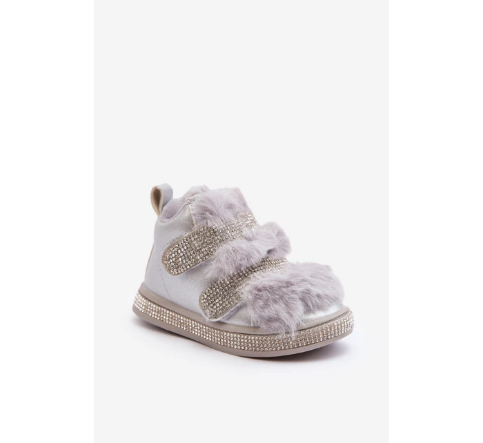 Kožené dětské zimní boty s kožíškem Stříbrné model 21641902 - Boto