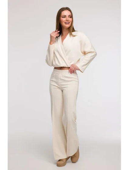 B296 Široké kalhoty s předními švy - vanilka