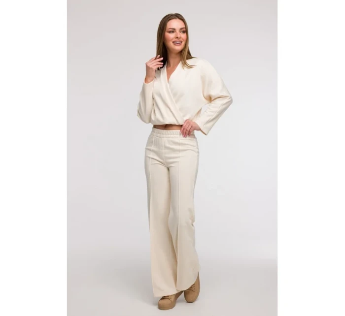 B296 Široké kalhoty s předními švy - vanilka
