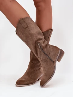 Dámské kozačky ve western stylu na nízkém podpatku Cherrie – tmavě béžové, eko zamsz