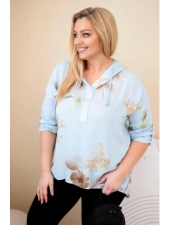 Dámská blůza Plus Size z viskózy s kapucí a květinovým vzorem modrá