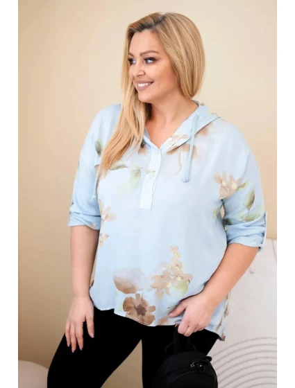 Dámská blůza Plus Size z viskózy s kapucí a květinovým vzorem modrá