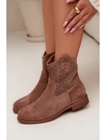Dámské kotníkové boty na nízkém podpatku s krajkovým vzorem model 22007421 Hnědé - S.Barski Dámské kotníkové boty na nízkém podpatku s krajkovým vzorem model 22007421 Hnědé - S.Barski