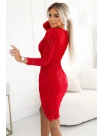 Červené dámské krajkové šaty s dlouhými rukávy a výstřihem model 20725283 - numoco