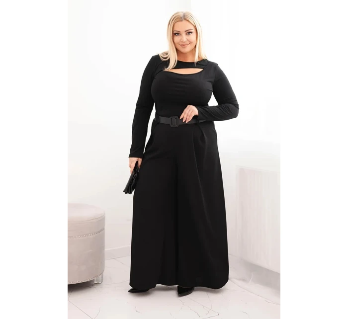 Dámské kalhoty Plus Size s širokou nohavicí a páskem černé