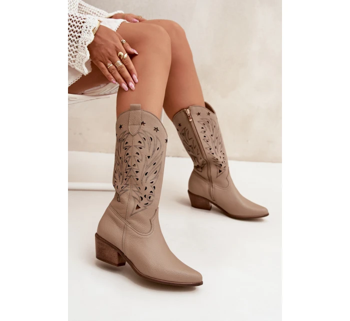Kožené Kozačky S Vzorkovaným Svrškem Tmavě Béžové Zazoo 3714