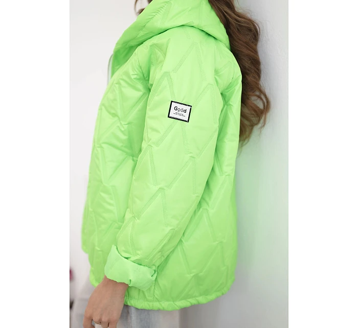 Dámská jarní prošívaná bunda s kapucí a zipem zelený neon