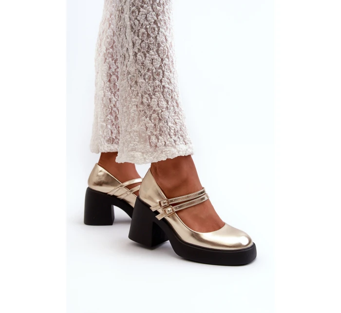 Eko Kožené Lodičky Na Masivním Podpatku Zlaté Halmina