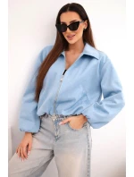 Dámská bunda se zipem a nabíranými rukávy modrá