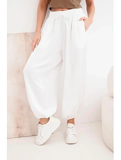 Dámské široké kalhoty s gumou v pase a vázáním v model 22064355 stylu ecru - K-Fashion