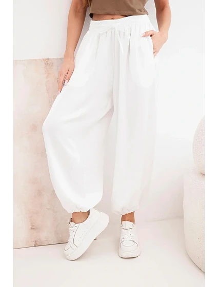 Dámské široké kalhoty s gumou v pase a vázáním v model 22064355 stylu ecru - K-Fashion