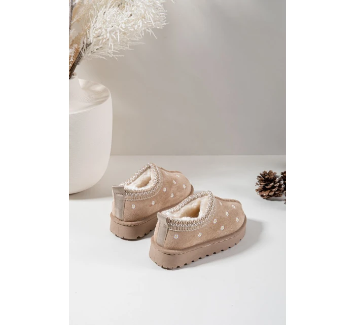 Dětské sněhule s květinami, zateplené kožíškem Palina – béžové