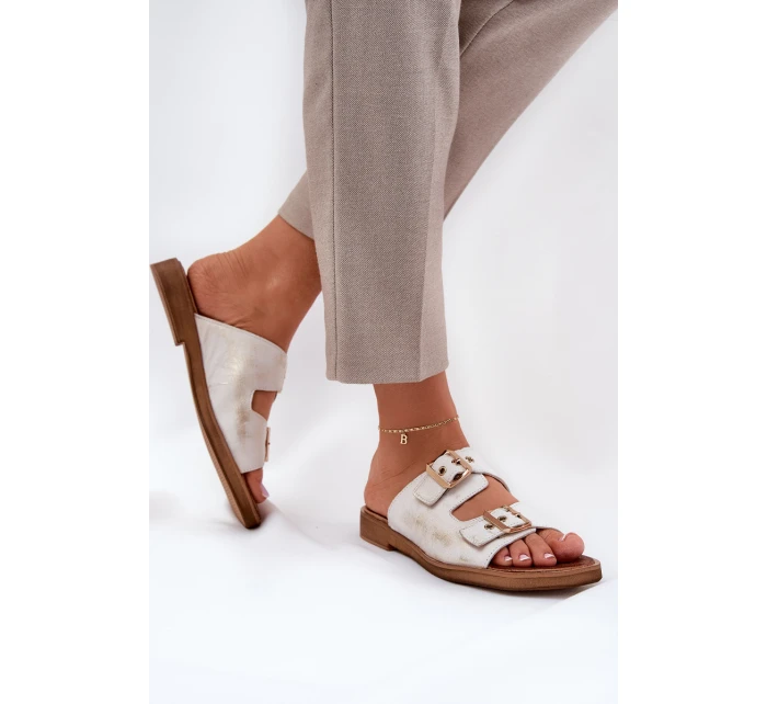 Kožené Ploché Pantofle S Přezkami Zazoo 3020 Zlaté Ošoupané