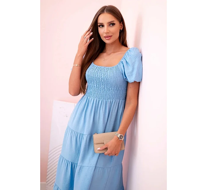 Dámské viskózové šaty s nabíranými rukávy a volánkovým topem modrý