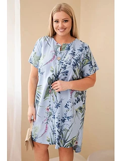 Dámské viskózové šaty velikosti Plus s krátkým rukávem a výstřihem na knoflíky modrá