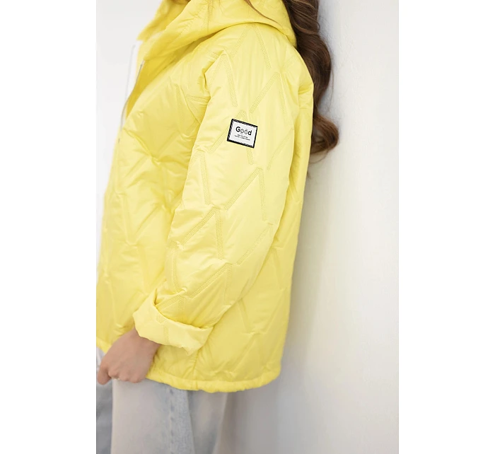 Dámská jarní prošívaná bunda s kapucí a zipem tmavě žlutá