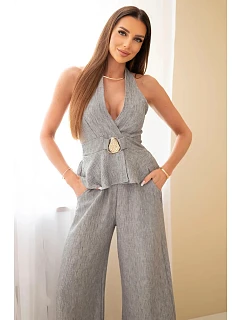 Dámský viskózový model 22079431 top se zavazováním a široké kalhoty šedý - K-Fashion