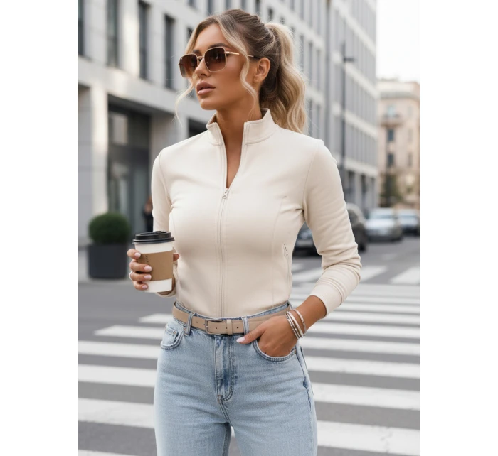 FashionStreet BY1561 dámská mikina na zip se stojáčkem béžová