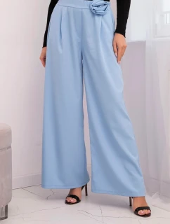 Dámské elegantní kalhoty s širokou nohavicí a ozdobným květem modré