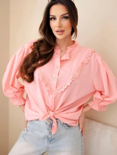 Dámská bavlněná košile s krajkou a vázáním meruňková