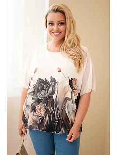 Dámská halenka Plus Size s květinovým potiskem a volným rukávem černá