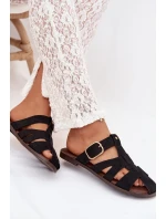 Dámské ploché nazouváky s pásky a zlatým přezkou Černé model 22032112 - Boto