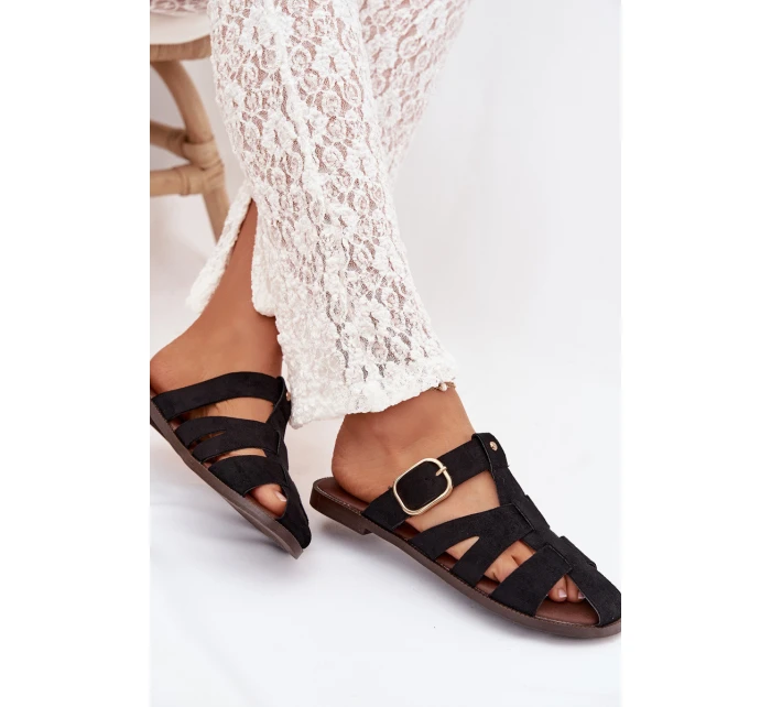 Dámské ploché nazouváky s pásky a zlatým přezkou Černé model 22032112 - Boto