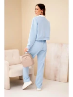 Dámský komplet máslová mikina s límečkem a rovné kalhoty modrý