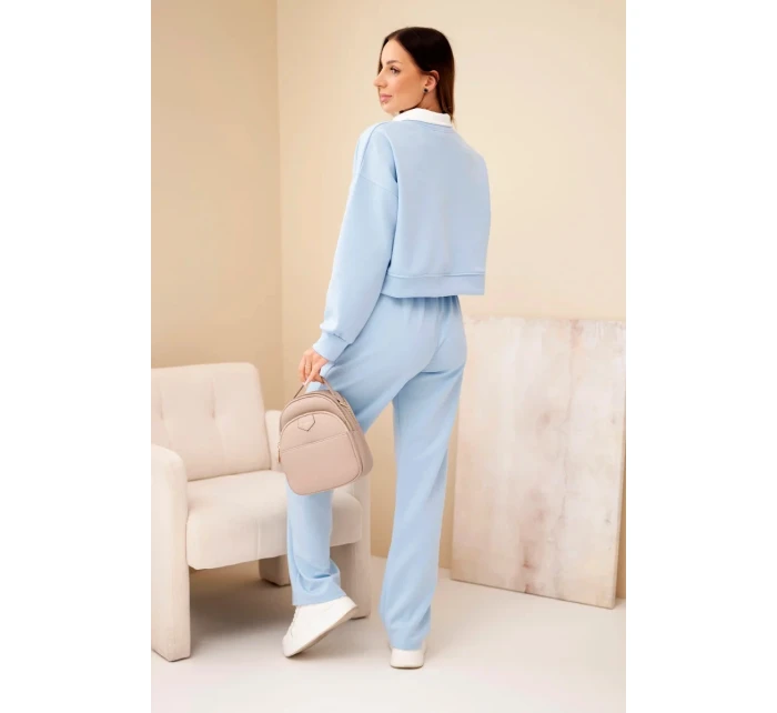 Dámský komplet máslová mikina s límečkem a rovné kalhoty modrý