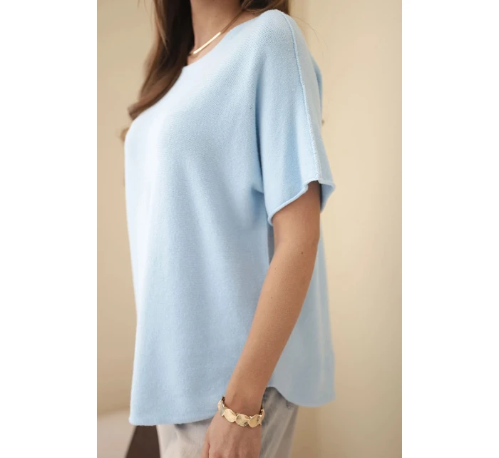 Dámský svetr s krátkým rukávem volného střihu modrý Dámský svetr s krátkým rukávem volného střihu modrý