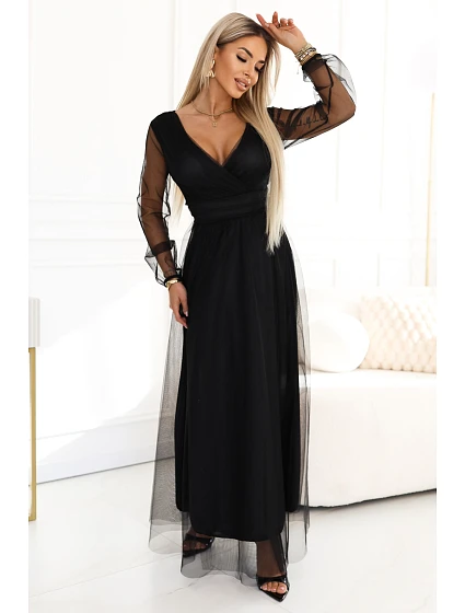 Dlouhé maxi šaty s rukávy a obálkovým výstřihem černé model 22045481 - numoco basic