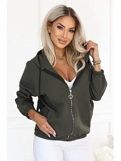691-4 Rozpinana bluza damska z kapturem i ozdobnym zamkiem - khaki