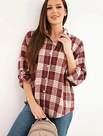 Dámská kostkovaná oversized košile s kapsami bordó
