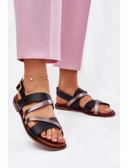 Dámské Sandály Na Plochém Podpatku S Pásky Černé model 21697516 - SERGIO LEONE