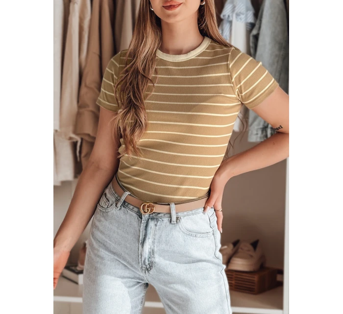 LINESS dámské pruhované basic tričko camel FashionStreet RY2819 LINESS dámské pruhované basic tričko camel FashionStreet RY2819