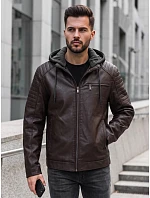 Pánská kožená zateplená bunda s kapucí, hnědá, FashionStreet TX5142 Pánská kožená zateplená bunda s kapucí, hnědá, FashionStreet TX5142