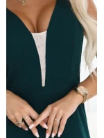 648-1 Módní maxi šaty s rozparkem na nohavicích - lahvově zelené