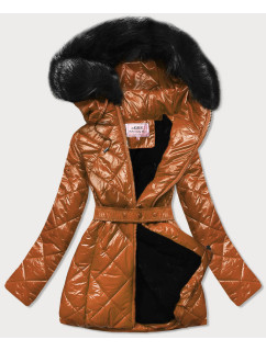 Lesklá zimní bunda v karamelové barvě s mechovitým kožíškem (W756)