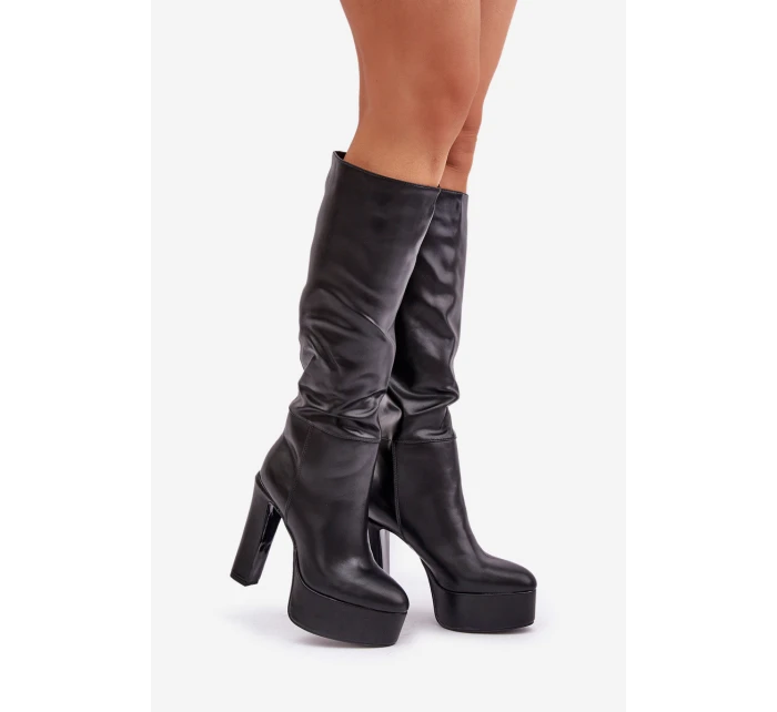 Kozačky Na Podpatku A Platformě Z Eko Kůže Černé model 21681394 - Boto