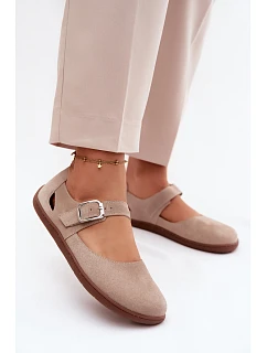 Kožené semišové baleríny Barefoot s páskem Zazoo N1319 béžové