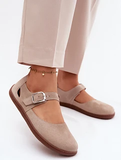 Kožené semišové baleríny Barefoot s páskem model 22125873 béžové - Zazoo