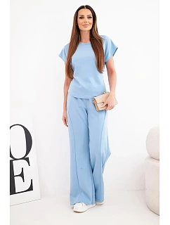Dámský komplet z měkkého úpletu s halenkou s krátkým rukávem a širokými kalhotami modrý